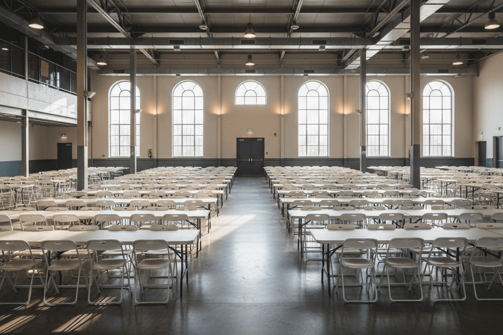 Wide-angle view of an unoccupied event venue with chairs and tables set up, softly lit by natural and ambient indoor light