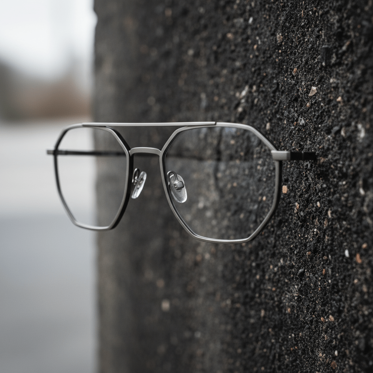 Close-up of matte titanium hexagonal eyeglasses with sharp architectural lines on concrete.