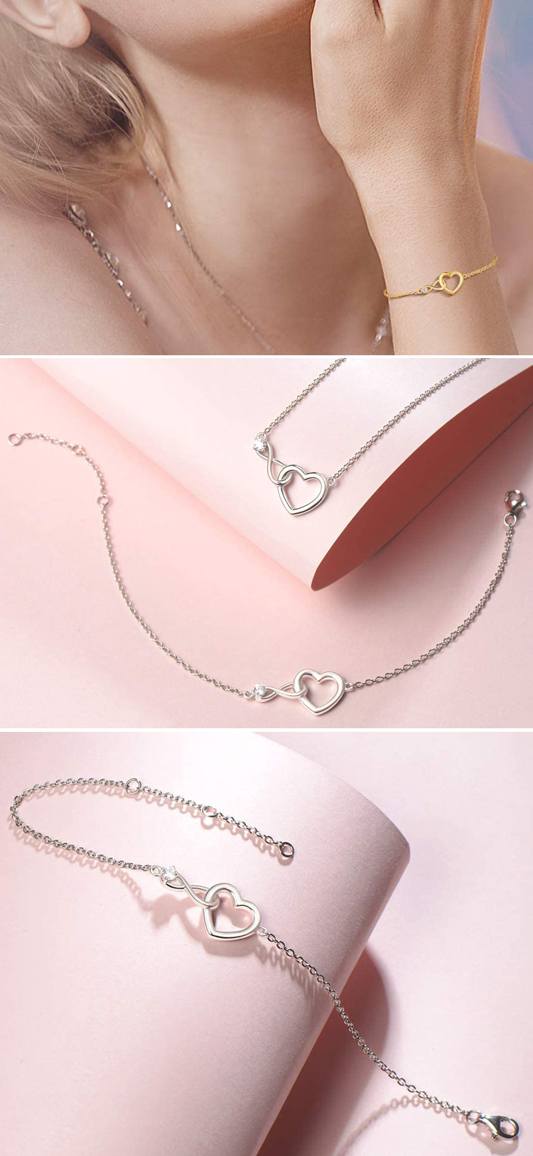 Mujeres de moda joyería chapado en oro cadena ajustable con encanto personalizado Zircon 925 plata esterlina infinito pulsera de corazón