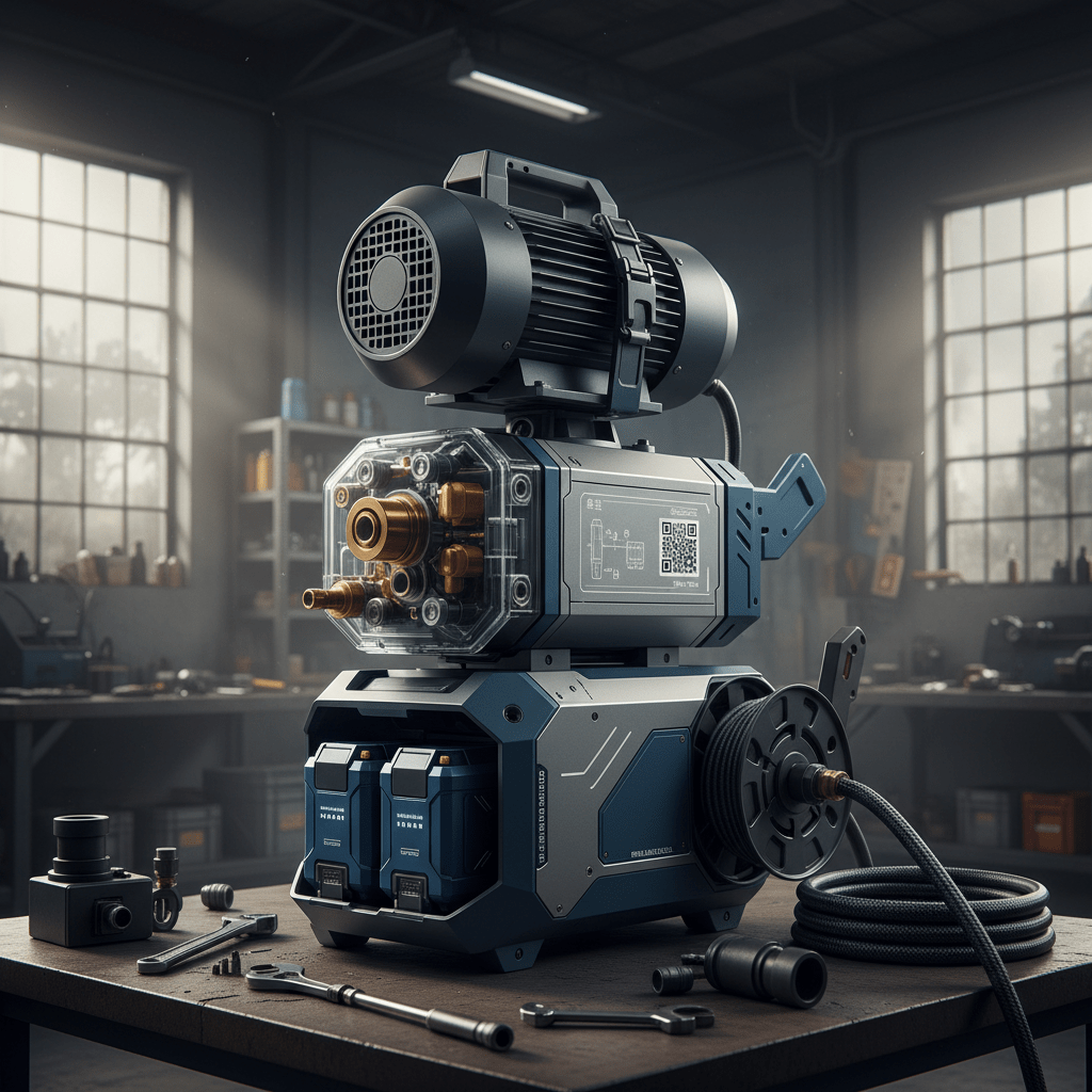 Modular pressure washer with accessible pump and detachable motor in an industrial workshop.