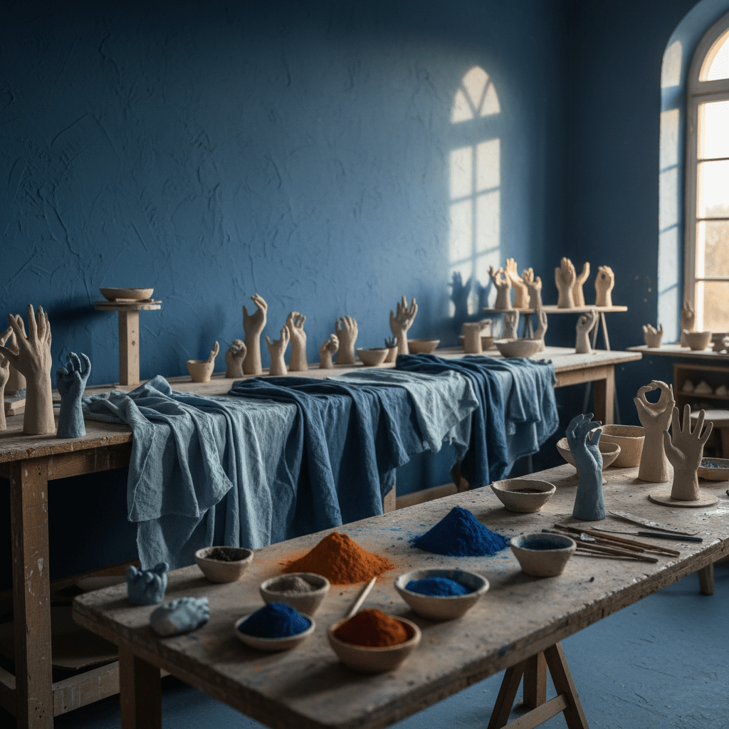 Sunlit artist studio with cerulean walls and unfinished pottery pieces.