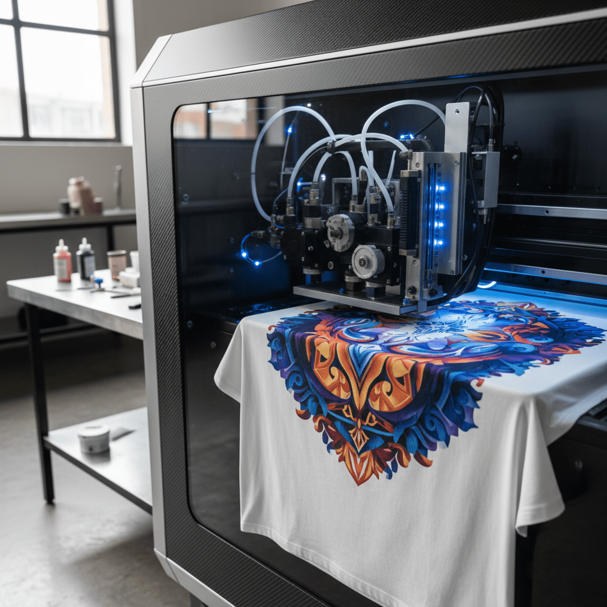 Advanced shirt printer creating photorealistic multi-color designs on cotton.