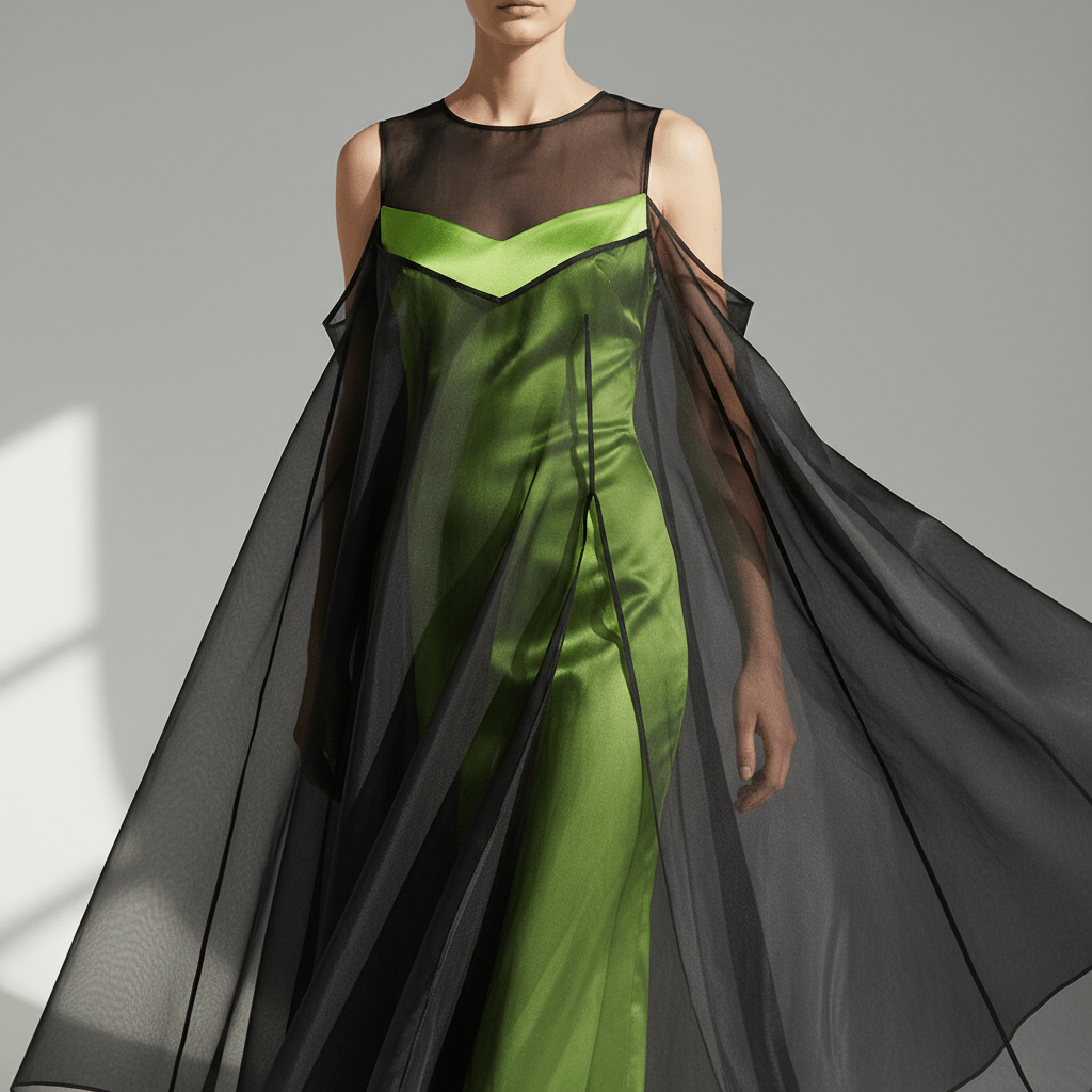 Cold shoulder dress with sheer organza and neon satin, showcasing precise cutouts and layered textures.
