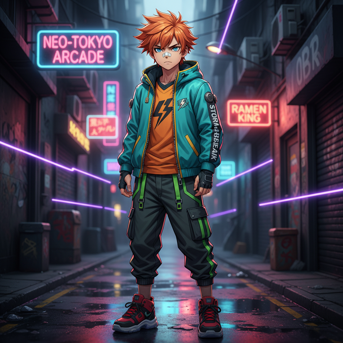 Anime hero with orange spiky hair and bandaid on nose in a neon street.