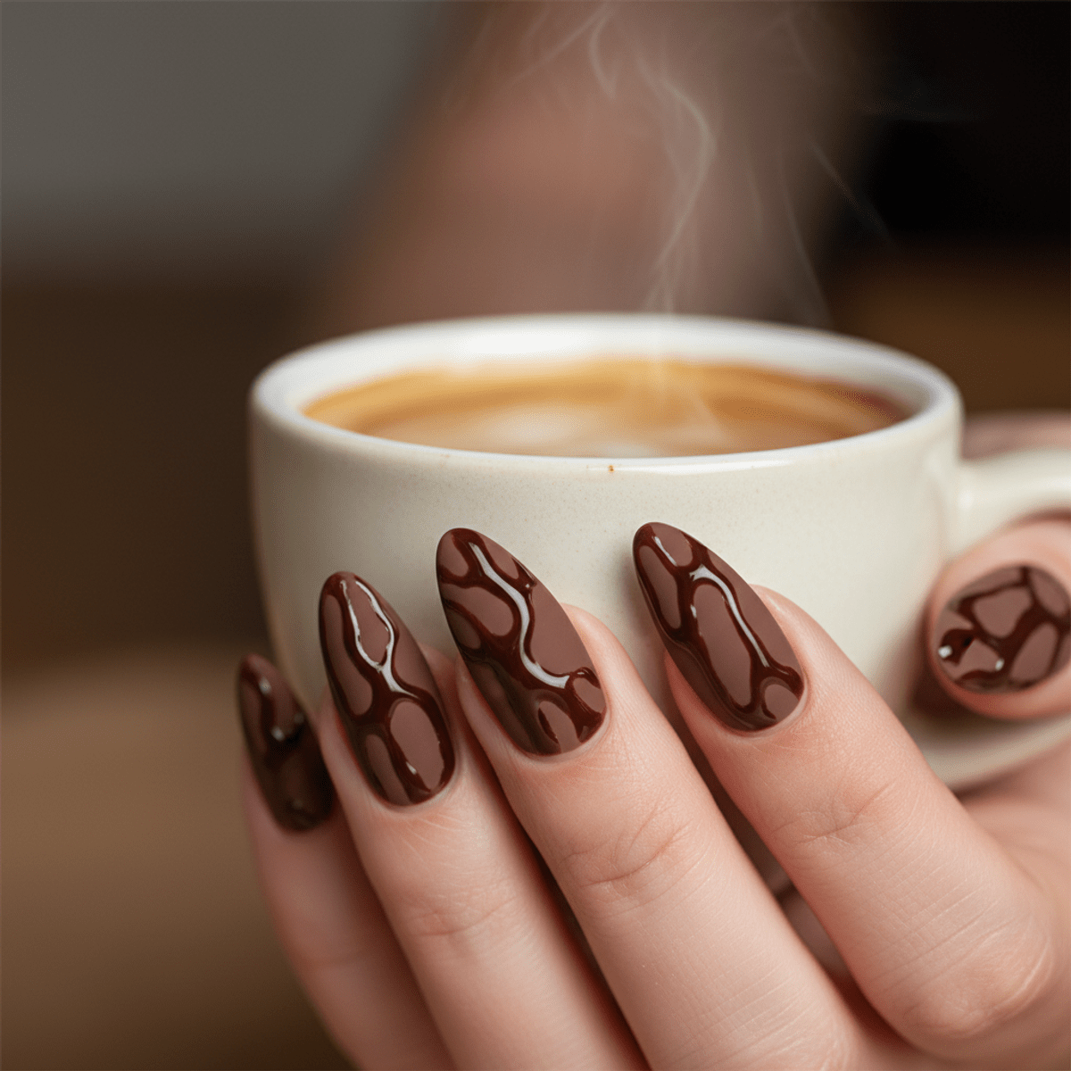 Mocha mousse nails with matte and glossy drip patterns holding an espresso cup.