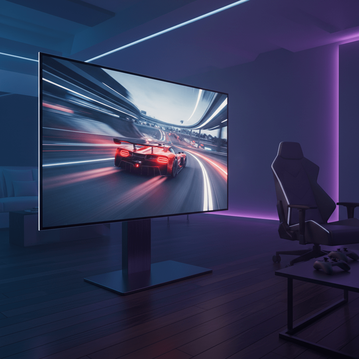 Sleek 75-inch TV displaying a racing game in a neon-lit, futuristic gaming room.