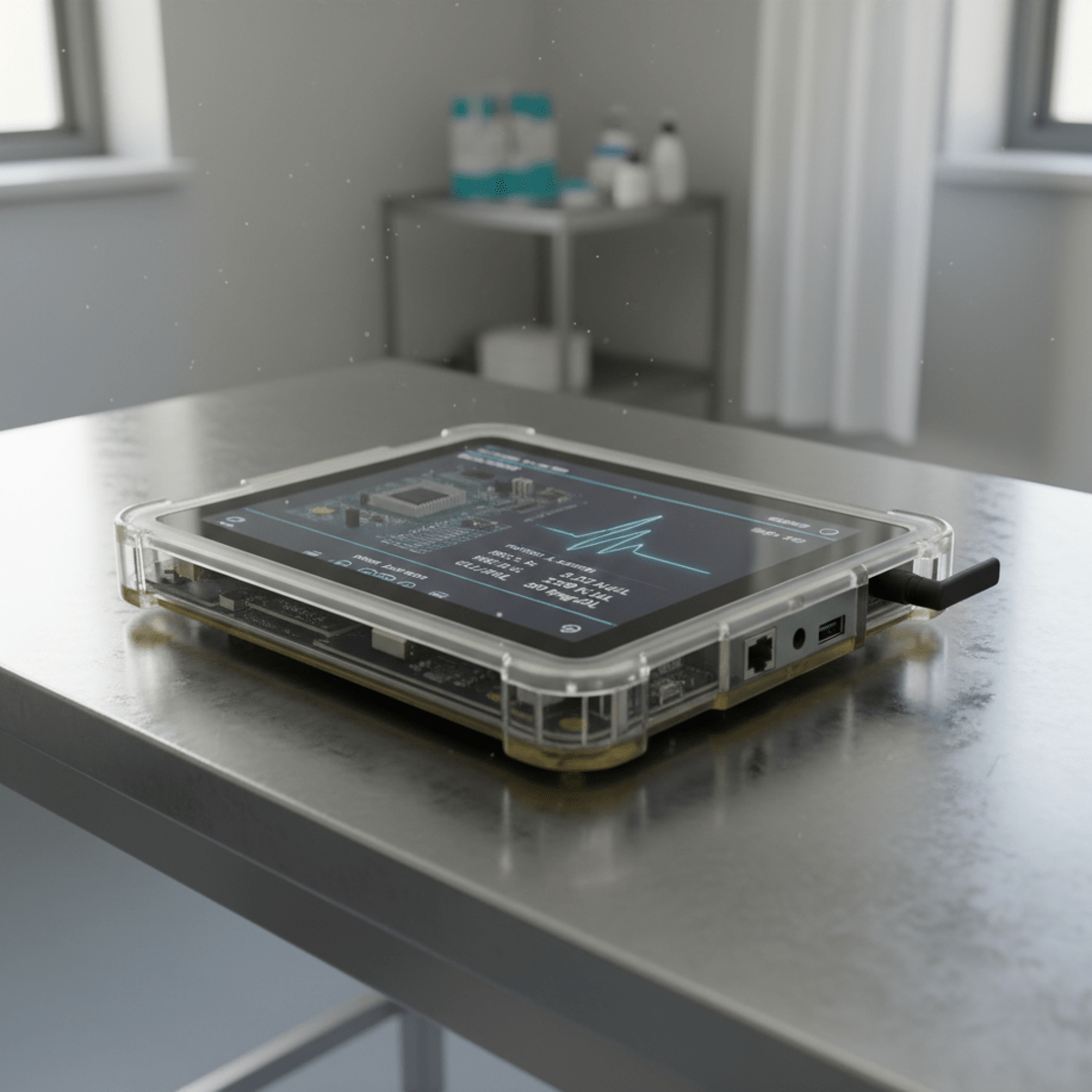 Sleek portable diagnostic device with visible internals on a rural clinic table.