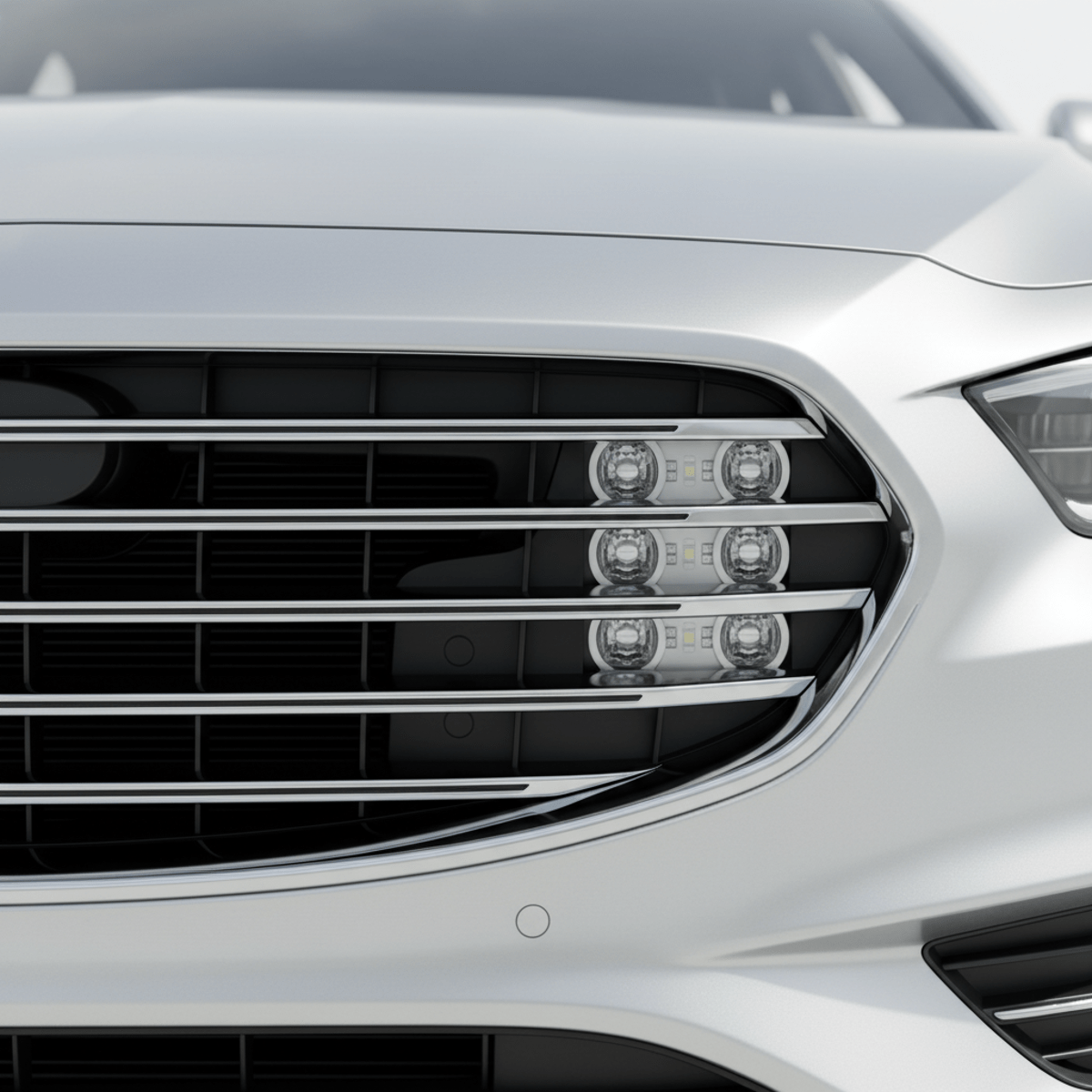 Hidden LED modules within the unlit front grille of a silver metallic covert police car.