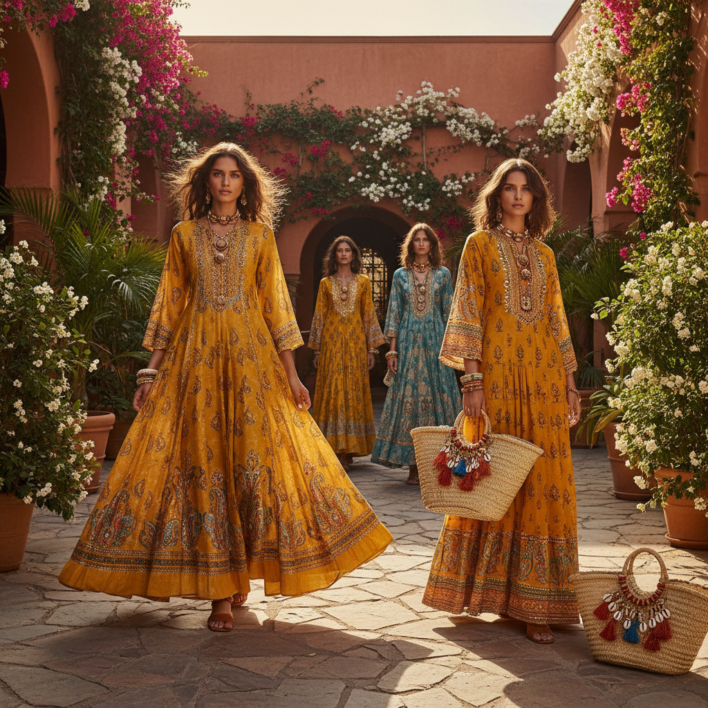 Joyful resort wear models in a sunlit courtyard setting Models in vibrant resort wear with block prints stand in a sunny courtyard.