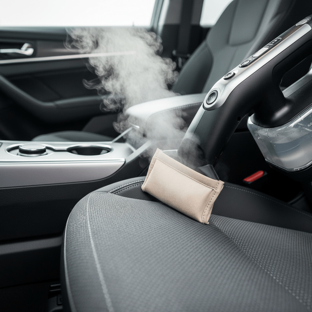 Bed bug steamer cleaning a car seat seam with gentle steam and diffused daylight.