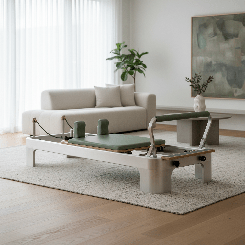 Sculptural pilates reformer with sage green leather in a modern living room.