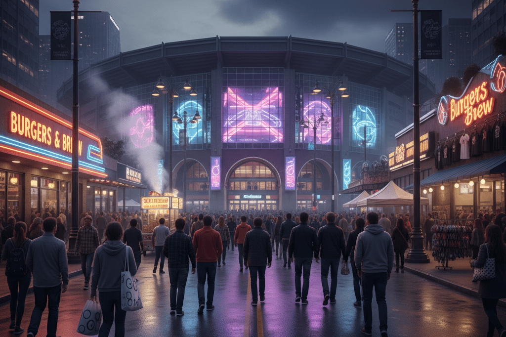 Vibrant urban scene outside a large arena with people heading in, surrounded by lit-up local businesses, symbolizing boosted economic activity