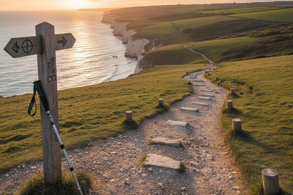 Scenic coastal path along England's unified adventure tourism route Golden hour view of a winding coastal trail with ocean and cliffs in background, symbolizing adventure tourism infrastructure
