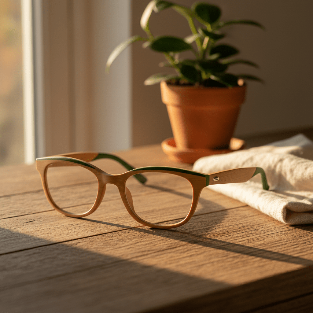Bifocal lenses with sustainable bamboo and bio-acetate frames on a wooden desk.