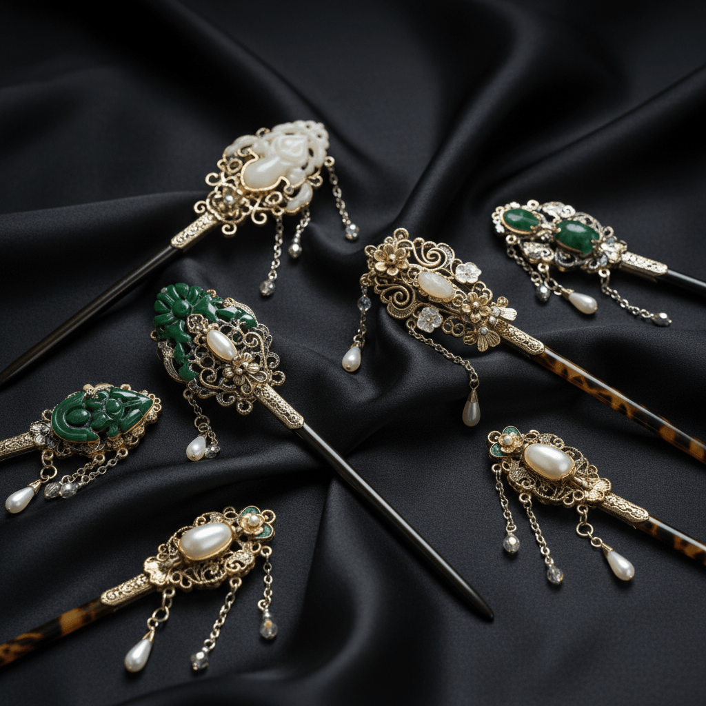 Antique-inspired hairpins made of faux jade, ebony, and tortoiseshell arranged on silk.