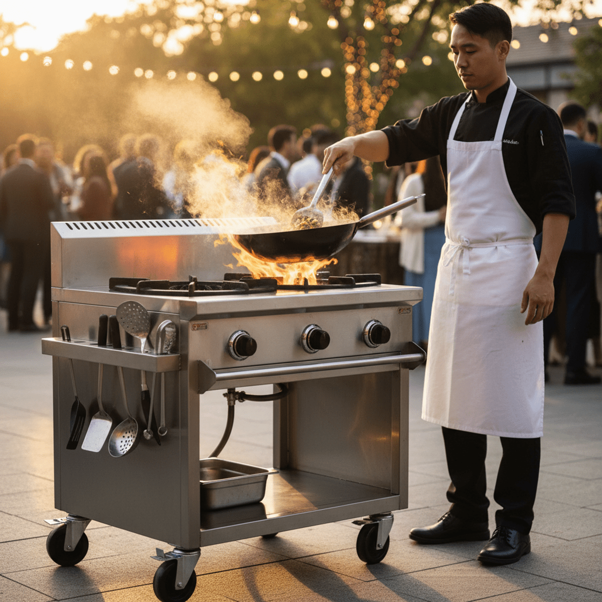 Professional chef stir-frying on a stainless steel gas stove with jet burner.