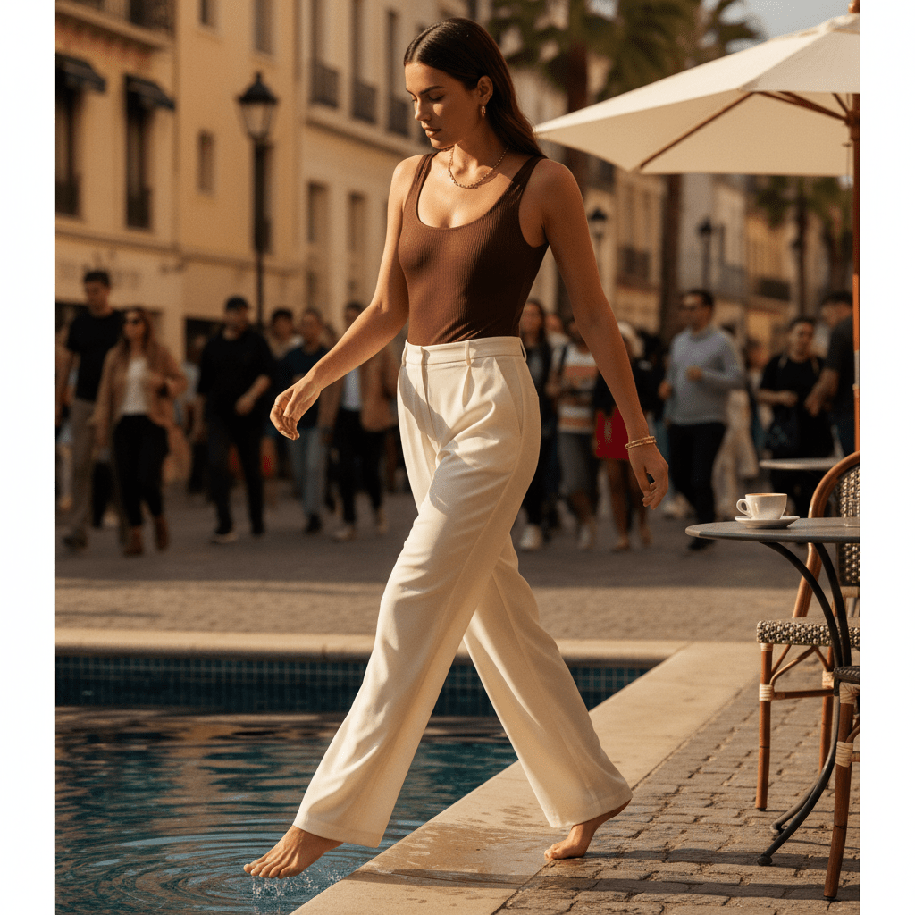 Rich chocolate ribbed bodysuit with cream trousers and gold jewelry by the pool.