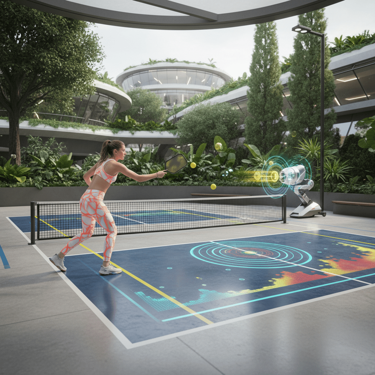 Player practices pickleball with holographic data overlays on court.