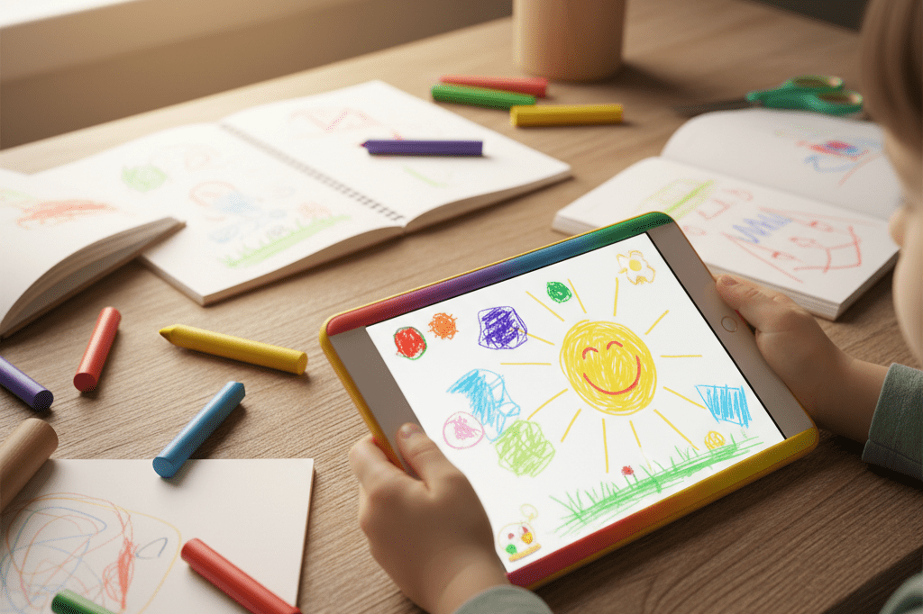 Close-up of a child’s hands exploring a non-branded tablet alongside art supplies under warm natural lighting