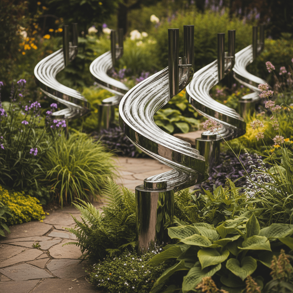 Sculptural solar heaters with glass tubes in an elegant spiral formation in a garden.