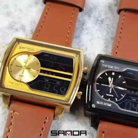 Sanda 6163 Quartz Digital Leather Wristwatch for Men - Waterproof