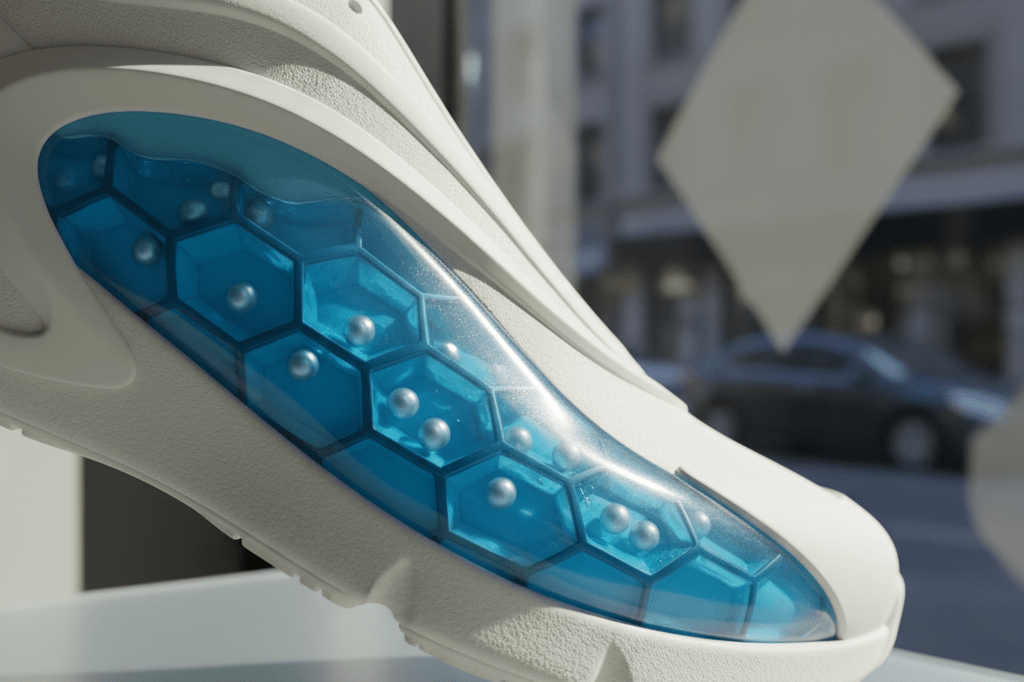 Close-up view of a sneaker midsole featuring liquid-filled chambers under natural light, highlighting innovation in footwear tech
