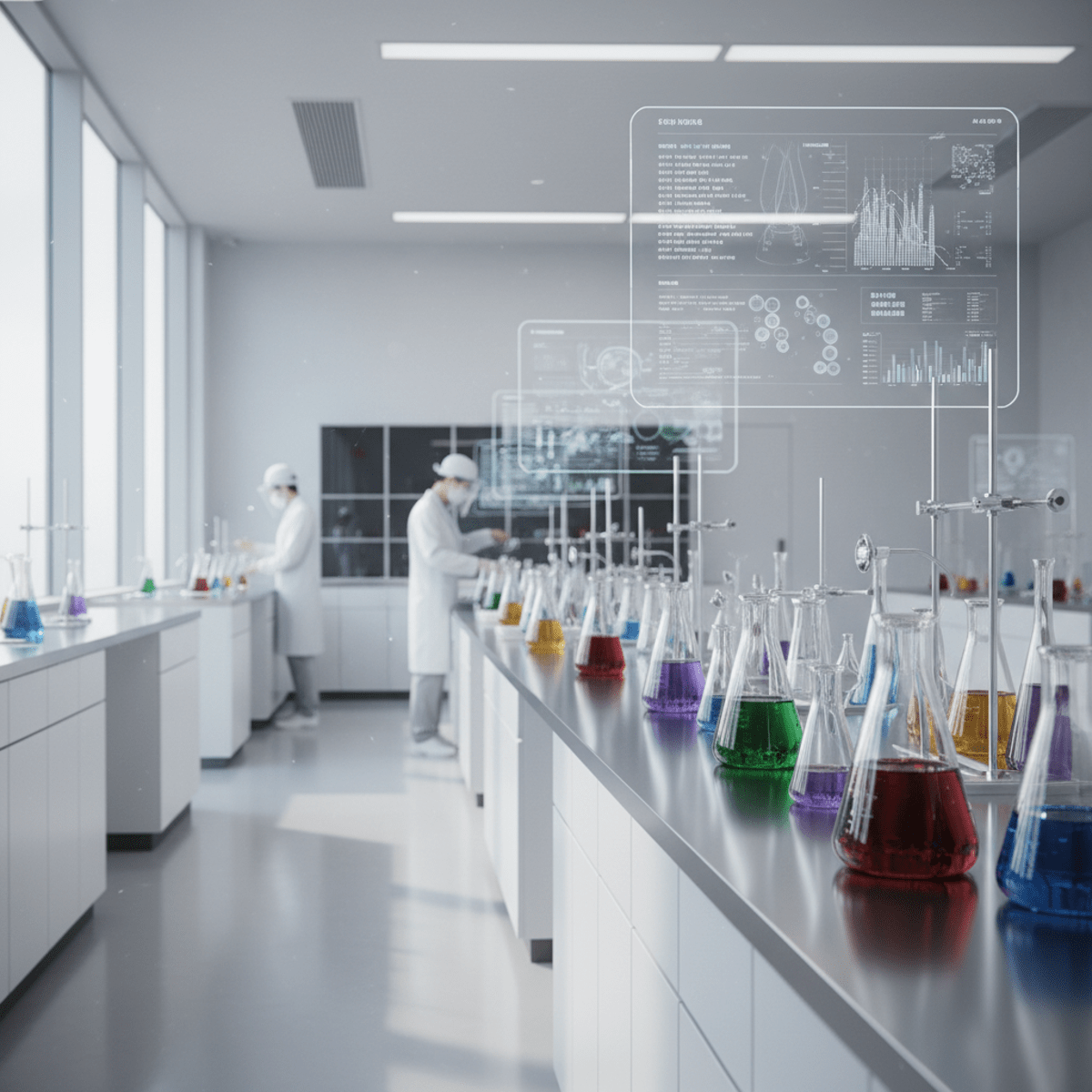 Advanced hair treatment lab in 2026 Sleek futuristic Korean hair care lab with glass vials and holographic screens.