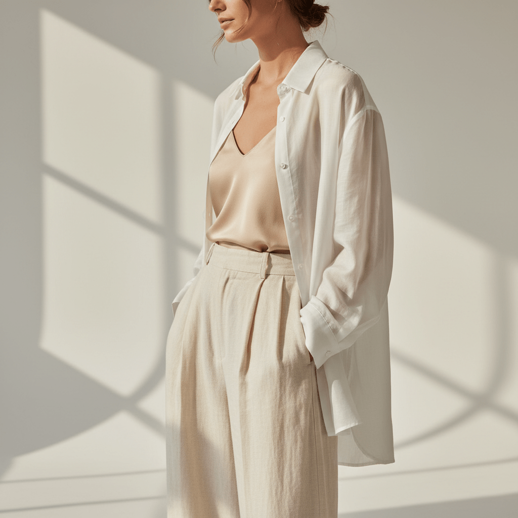 Model wears white organza shirt, beige camisole, and pleated trousers in studio.