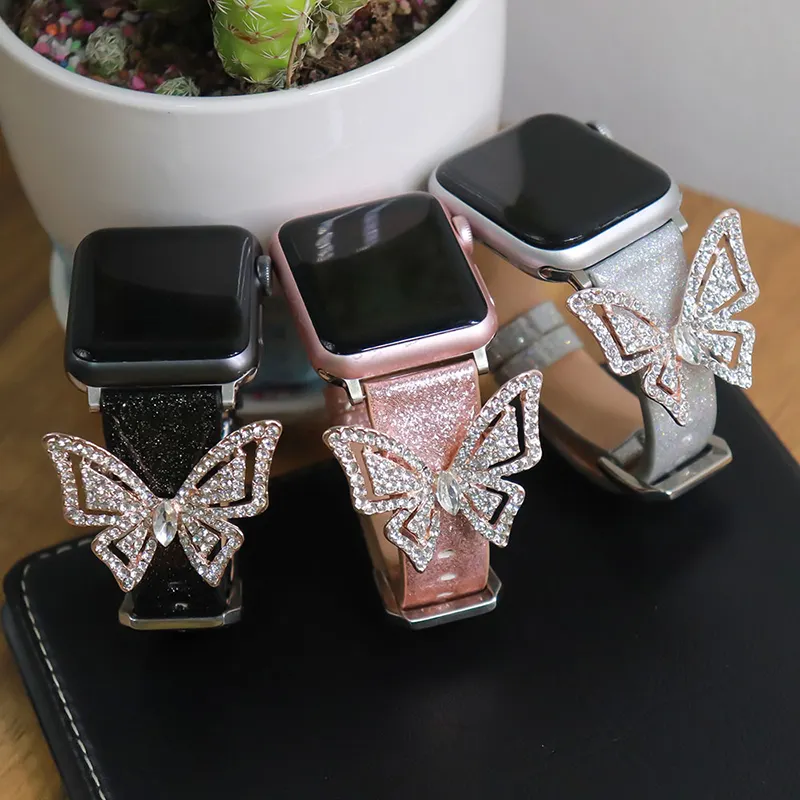 New Design Bling Butterfly Real Leather Watch Band For Apple Watch 42mm 38mm 40mm 44mm Leather Strap Buy Leather Watch Band Bling Butterfly Watch Band Watch Band For Apple Watch Leather Strap Product