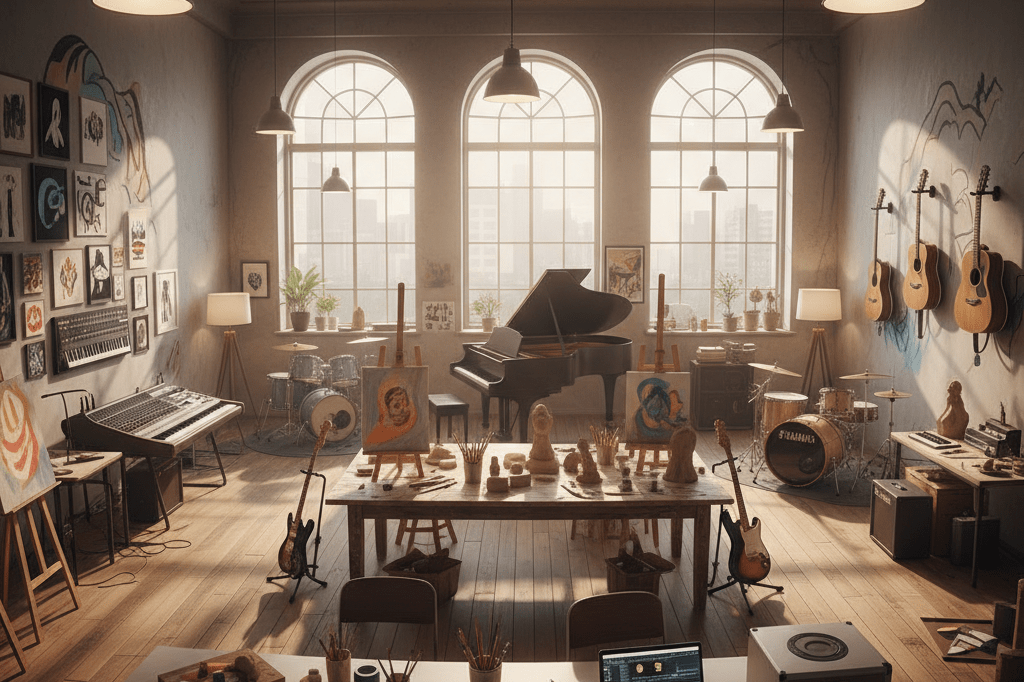 Studio workspace combining musical instruments and art tools under warm natural lighting, reflecting boundary-breaking creative fusion