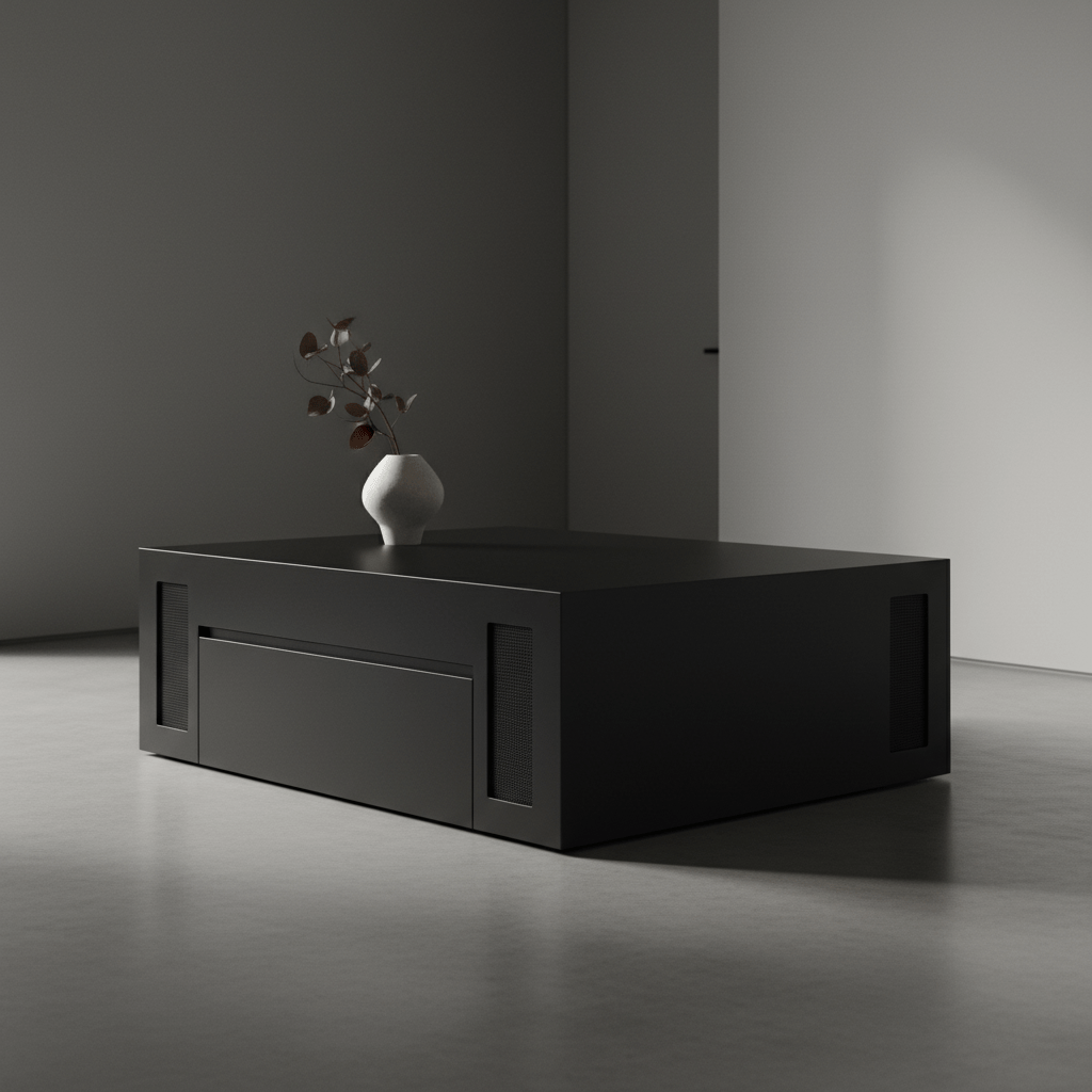 Matte black minimalist coffee table with hidden tech features in a modern smart home.