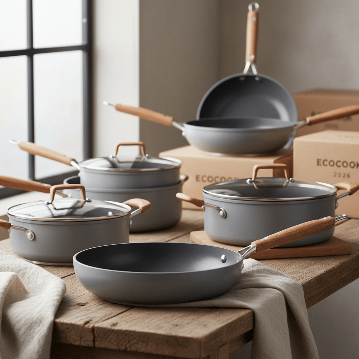 Sleek, plastic-free non-stick cookware with matte ceramic finish on a rustic counter.