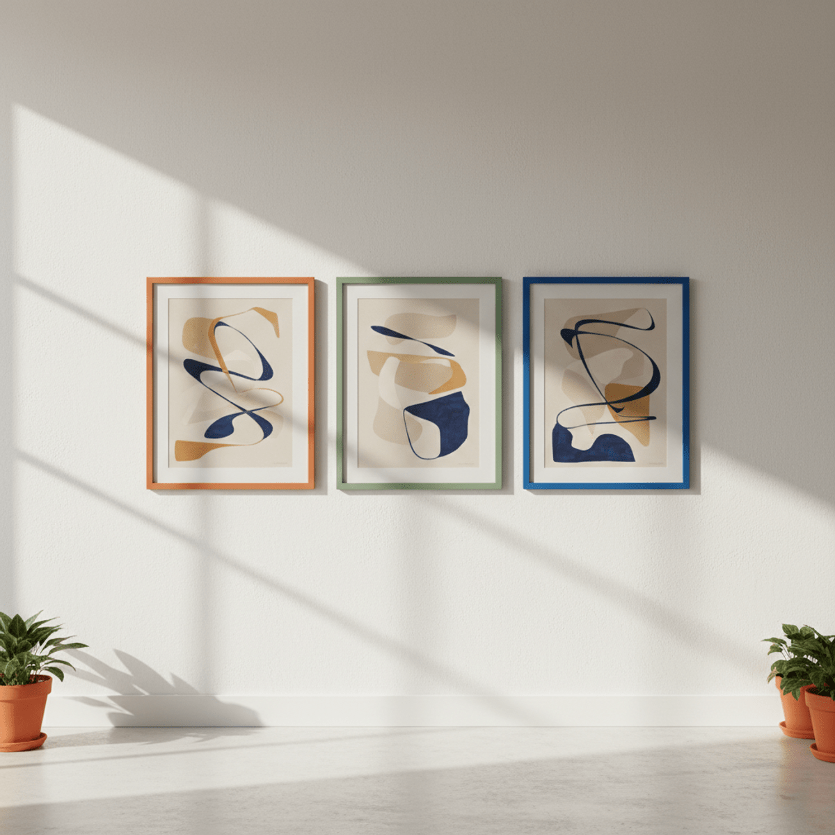Matte vibrant aluminum poster frames on a gallery wall. Thin, lightweight aluminum frames in matte vibrant colors on a gallery wall.