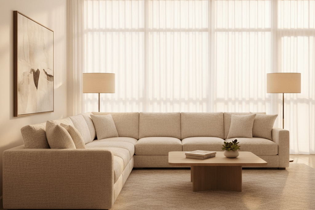 Modern sunlit living room with plush sofa and tasteful decor evoking aspirational yet accessible luxury