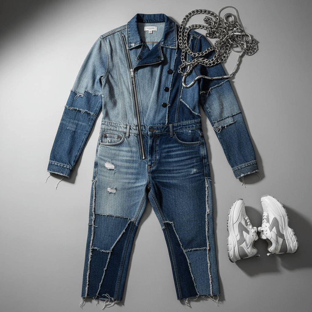 Deconstructed denim jumpsuit with patchwork and frayed hems, laid flat with sneakers.