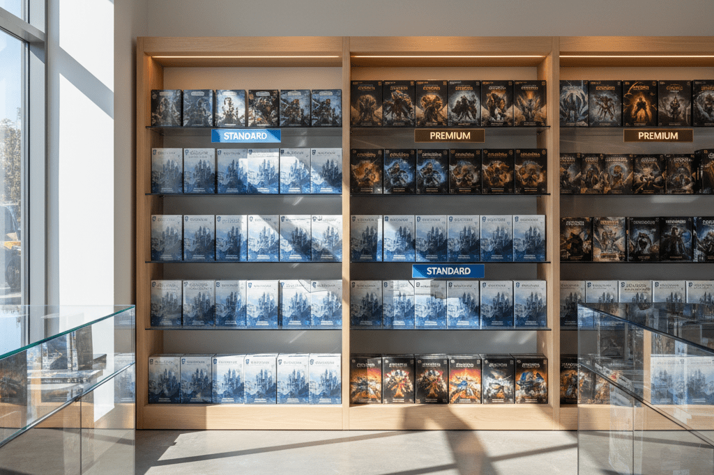 Wide shot of gaming retail shelves showing tiered pricing strategy with premium and standard editions under ambient indoor light