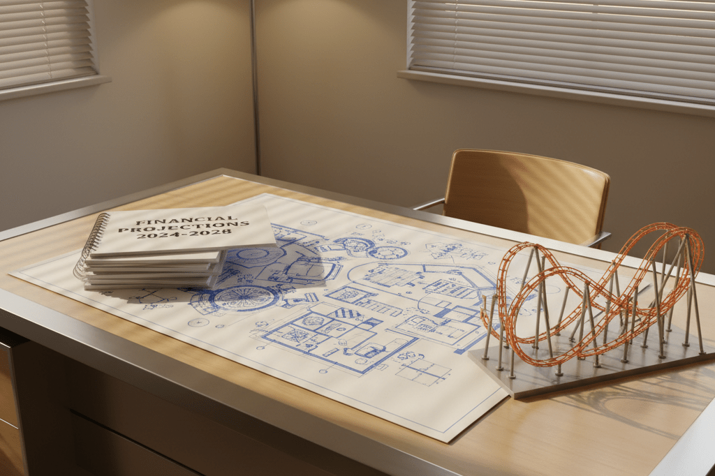 Strategic real estate investment plans for amusement park expansion Office desk with amusement park blueprints and scale model under warm light showing tourism investment