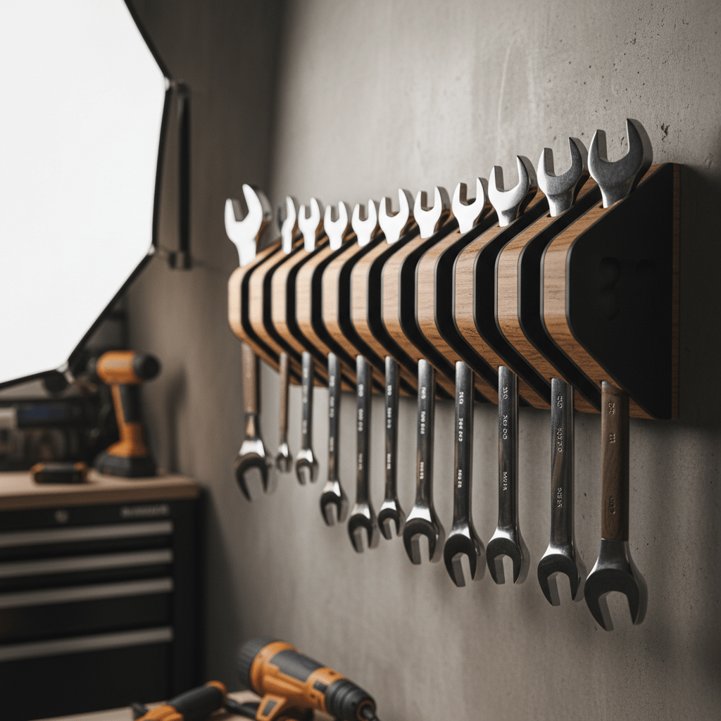 Sleek eco-friendly wrench organizer with wood fiber accents on a workshop wall.