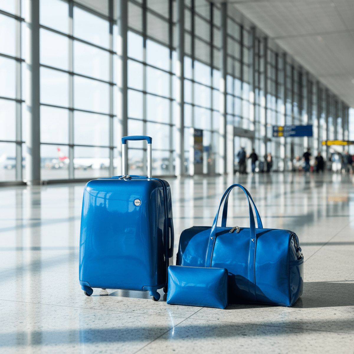 Vibrant cobalt blue glossy travel trolley bag in airport. Sleek cobalt blue trolley bag with liquid-like high-gloss finish on polished airport floors.