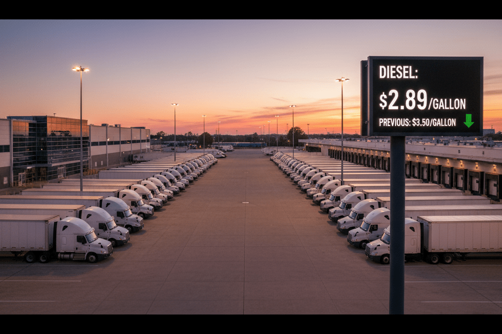 Rows of commercial trucks parked at a logistics hub during reduced fuel pricing period, emphasizing operational efficiency