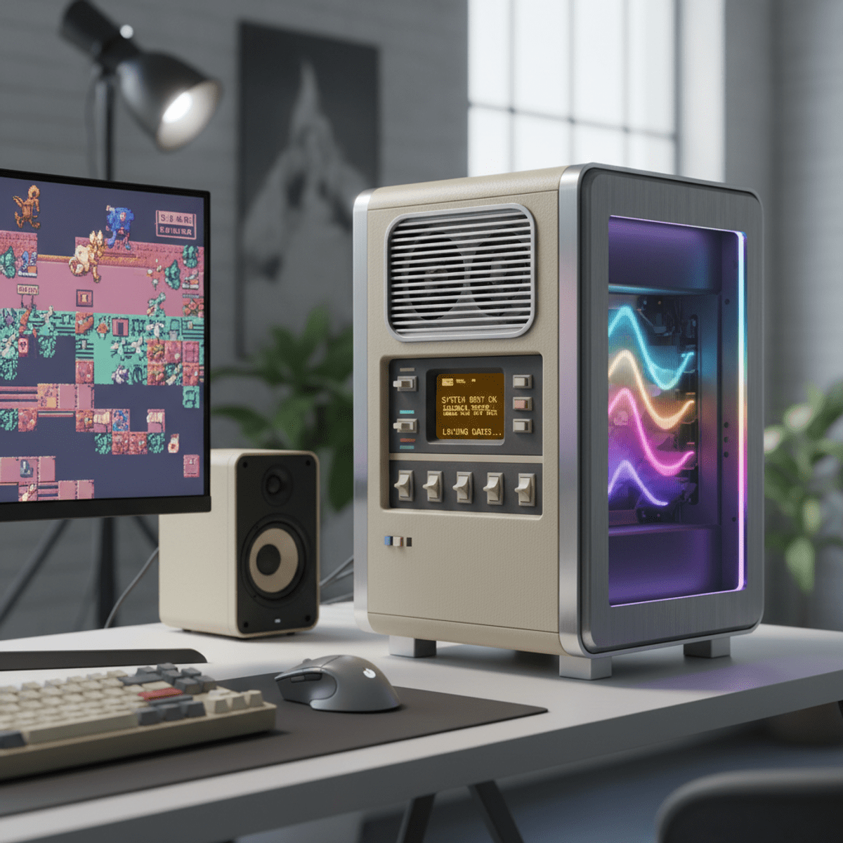 Retro PC gaming desktop with RGB lighting on a studio desk.
