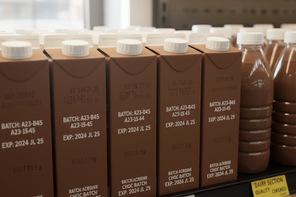 Neatly arranged dairy products on a store shelf under natural light, showing batch codes and dates to highlight contamination prevention protocols