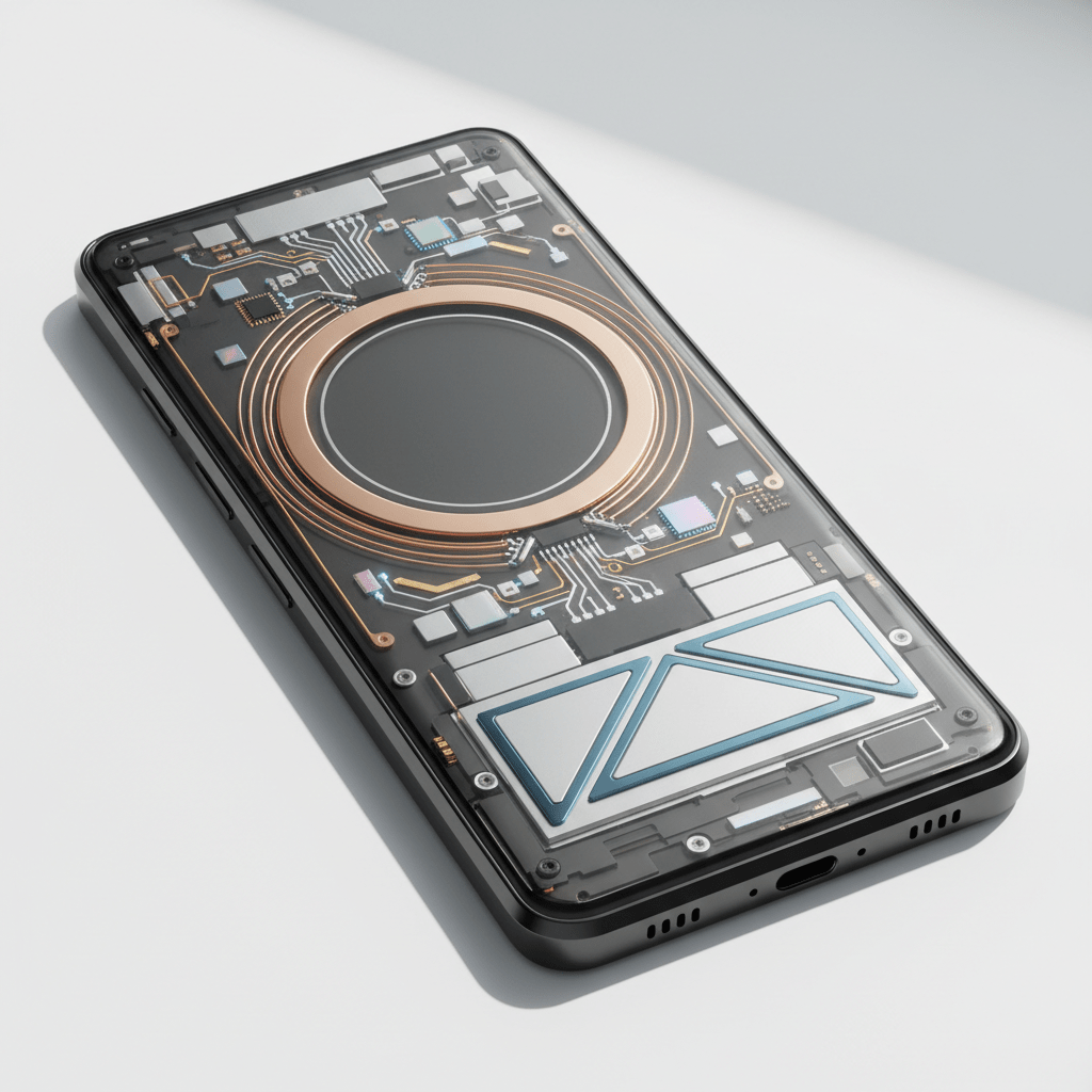 Sleek phone with translucent back showing internal components and copper wireless coil.