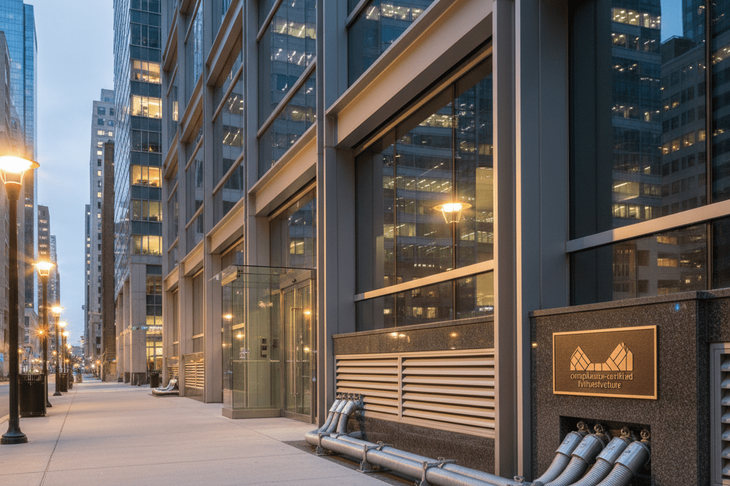 Medium shot of a dusk-lit, glass-and-steel office building with visible data infrastructure features, symbolizing data localization compliance in real estate