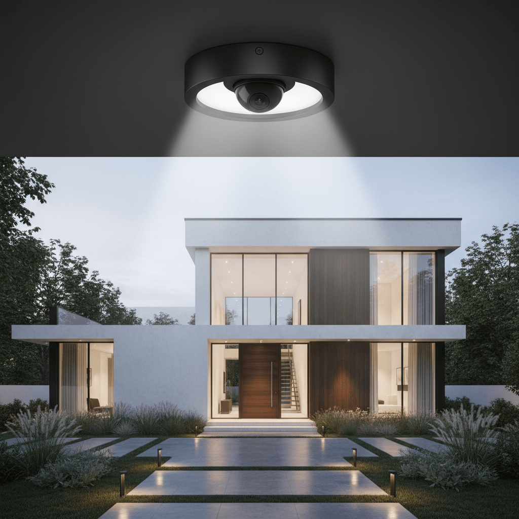 Minimalist matte black floodlight with hidden camera above an architectural entryway.