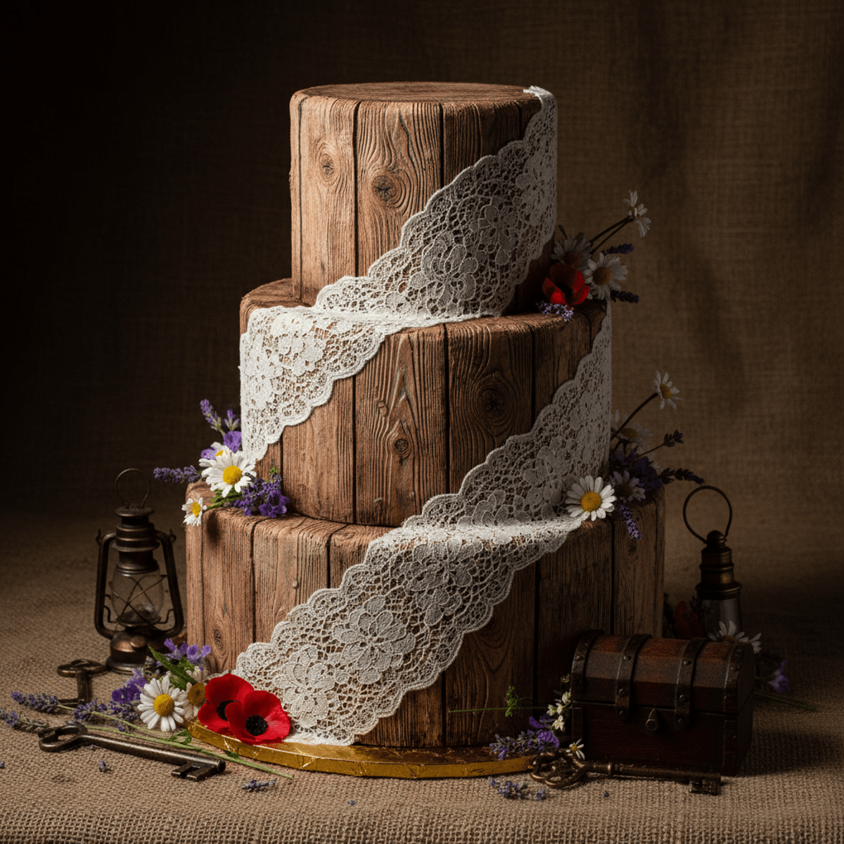 Edible printed rustic barn cake with hyper-realistic wood grain fondant and French lace.