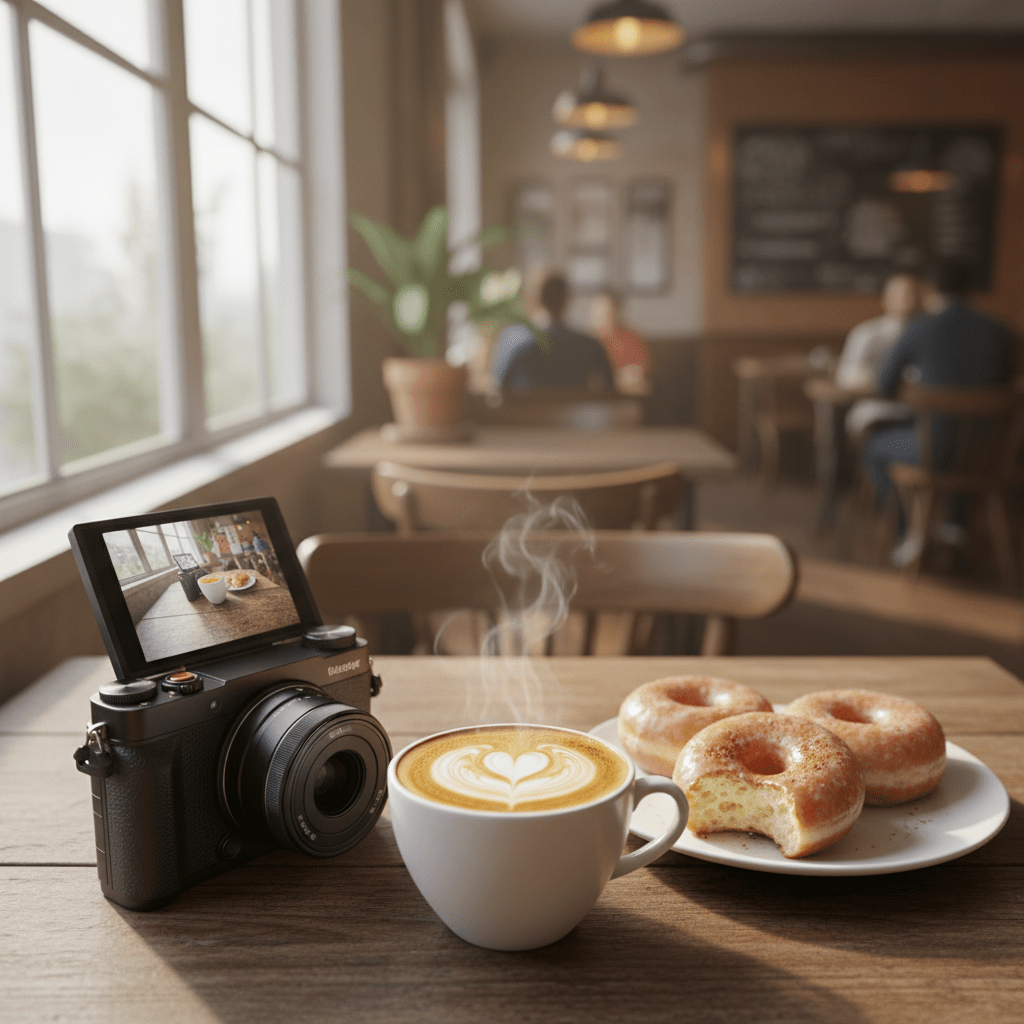 Compact budget camera ready for food photography next to a cappuccino and donuts.