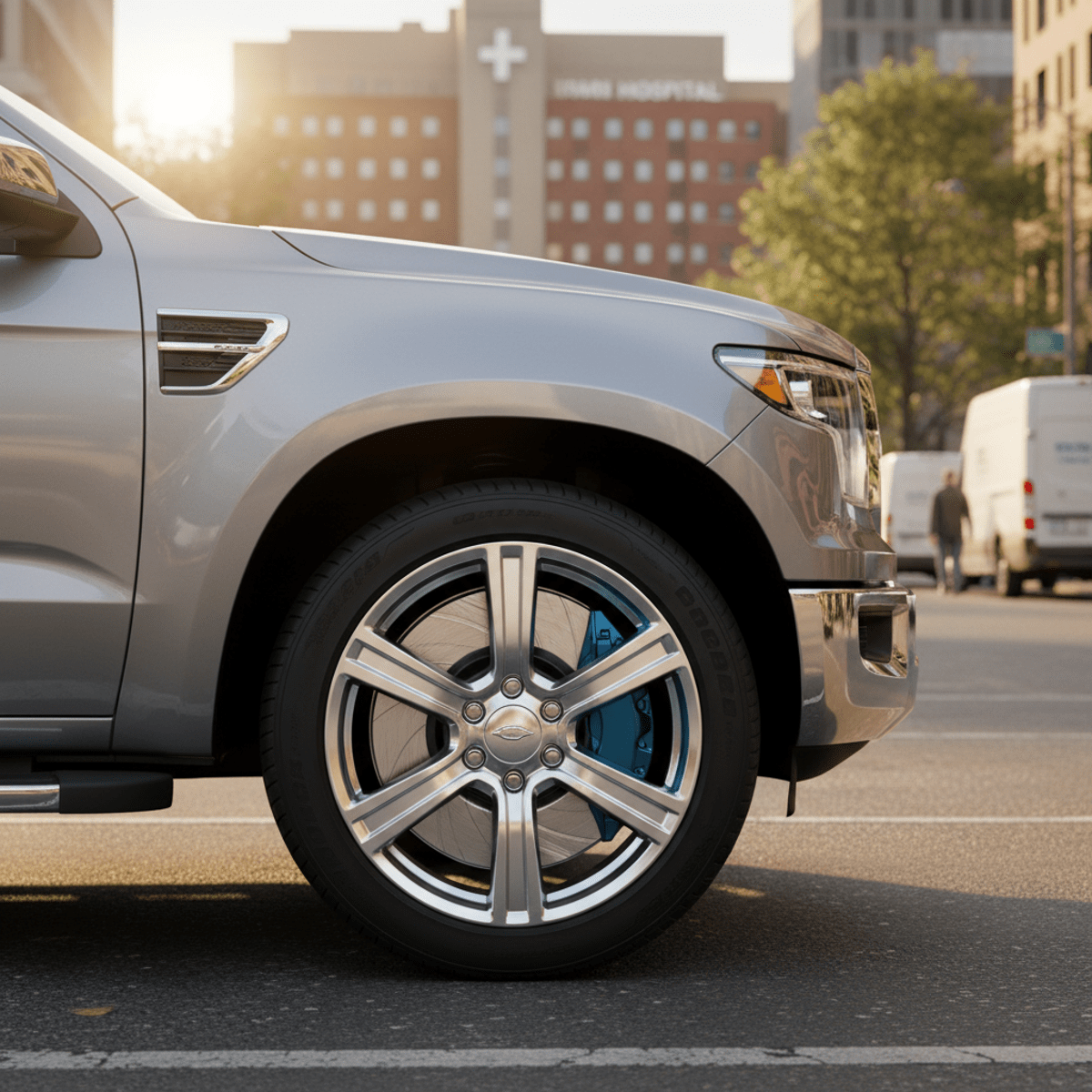 Truck's advanced ceramic hybrid brake pads and glossy caliper in urban golden hour.