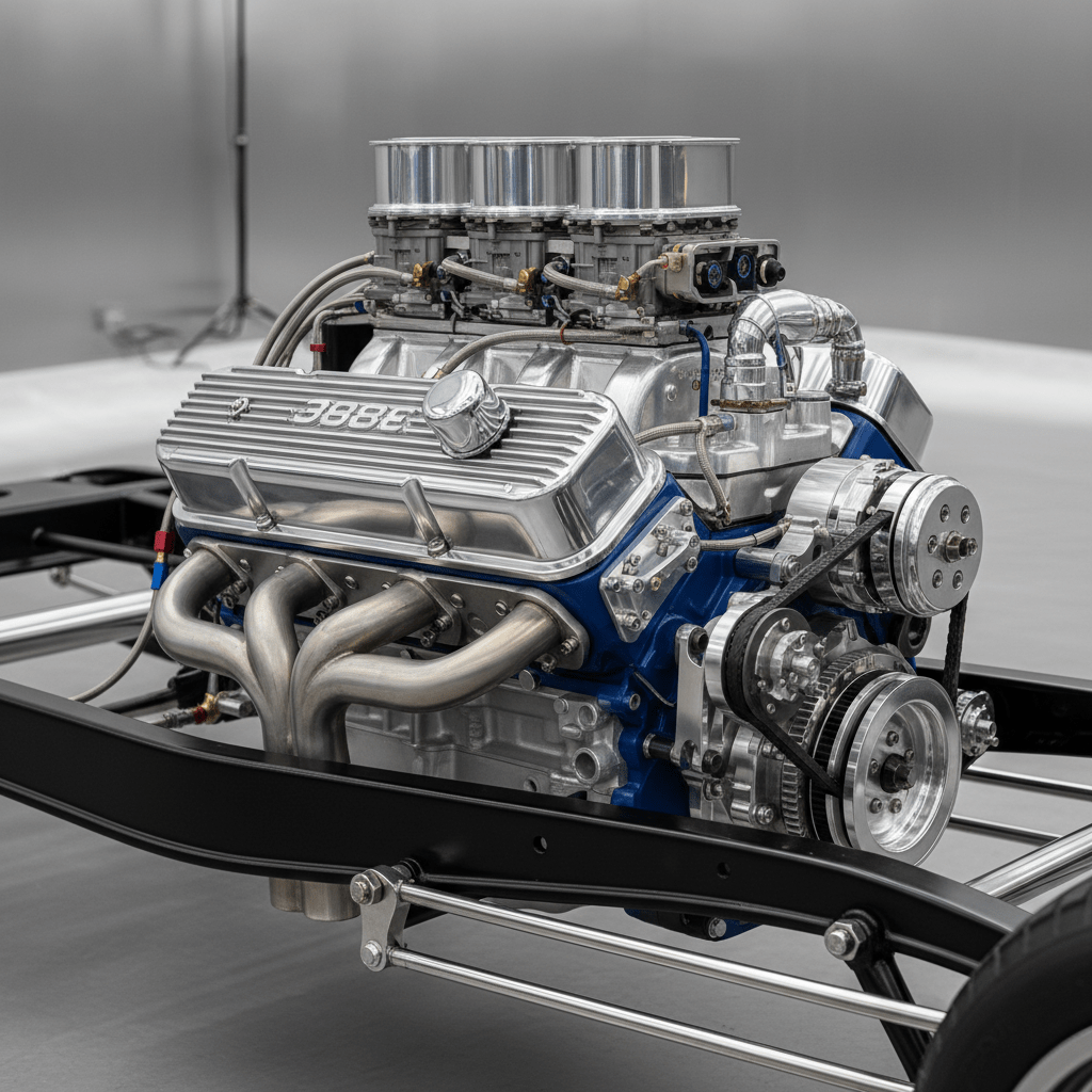 Polished 383 crate engine on a classic hot rod chassis with chrome details.