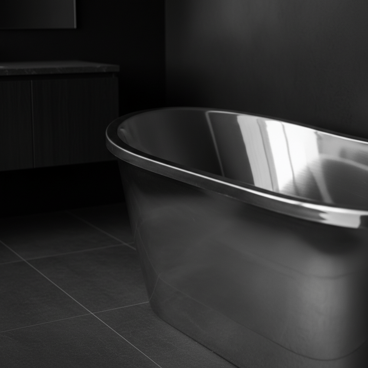 Close-up of a mirror-polished stainless steel tub reflecting a modern black bathroom.